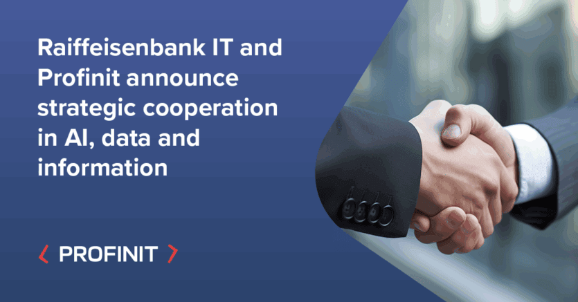 Two people shake hands next to a text announcing Raiffeisenbank IT and Profinit's strategic cooperation in AI, data.