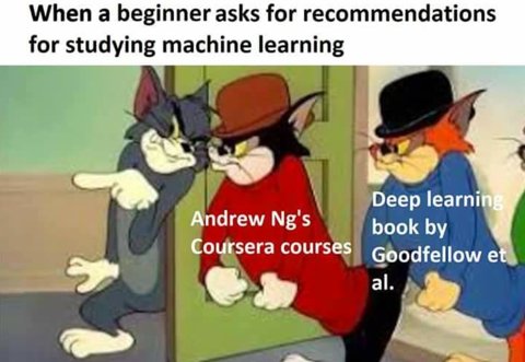 Tom Cat characters labeled as Andrew Ng's Coursera courses and the Deep Learning book illustrating best resources on data science.