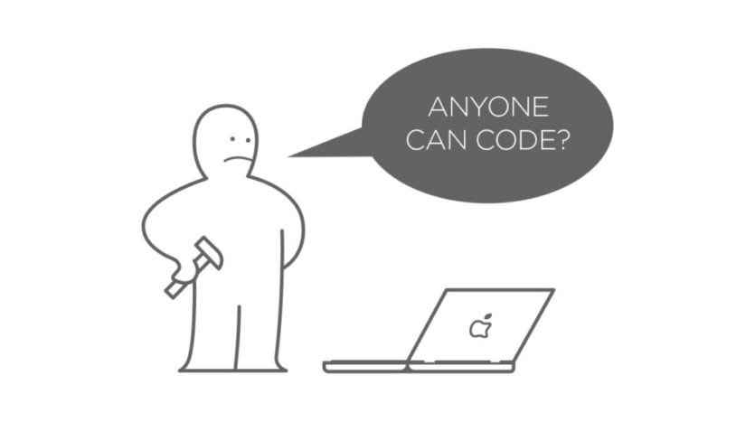 Drawing of person with hammer by laptop, speech bubble ‘Anyone can code?’—highlighting software development challenges and developer shortage.