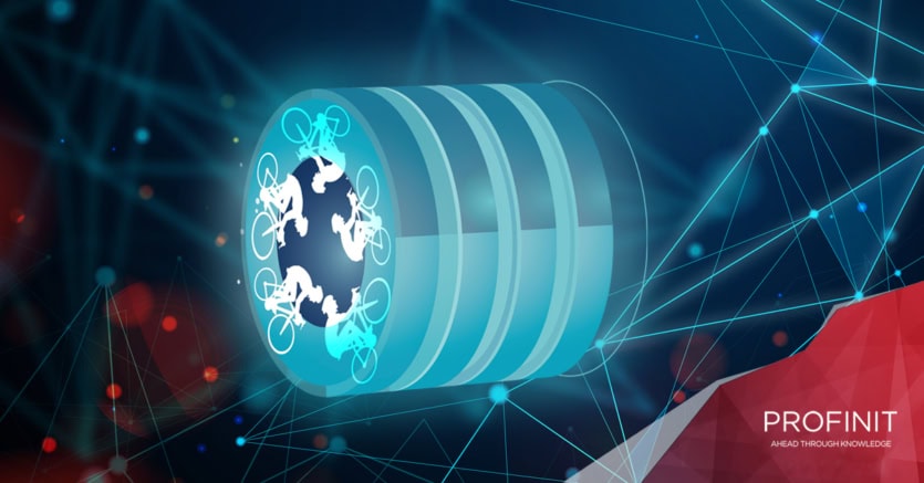 A digital image of a database as a layered cylinder and bike symbols, evoking data warehouse development as a race, and the PROFINIT logo.