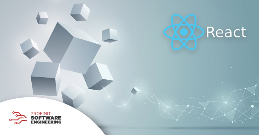 Floating 3D cubes with the React logo and text, highlighting dynamic configuration, and the Profinit Software Engineering logo.