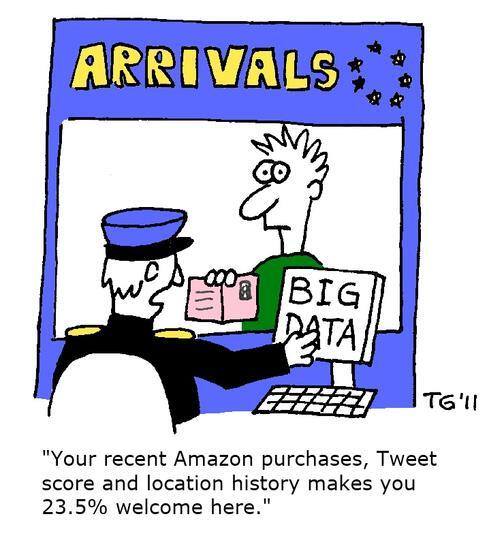 Cartoon of airport checkpoint with officer checking documents and screen labeled BIG DATA — illustrating data evaluation in data science.