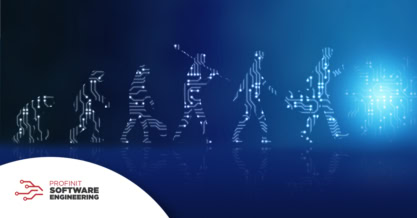 Digital illustration of human evolution symbolizing an evolution through technology. Profinit Software Engineering logo.