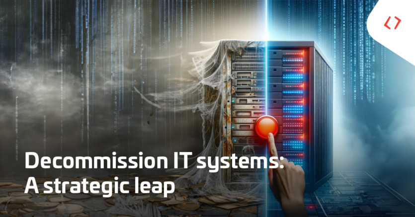 A hand presses a red button on an old, cobweb-covered server, symbolizing IT system decommissioning.