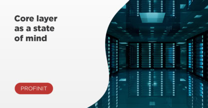 A server room with rows of server racks; text on the left reads Core layer as a state of mind, highlighting the essential mindset for IT infrastructure, with Profinit logo.