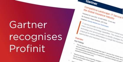 A Gartner Report is displayed beside text stating Gartner recognises Profinit for Accelerated Technology Modernization.