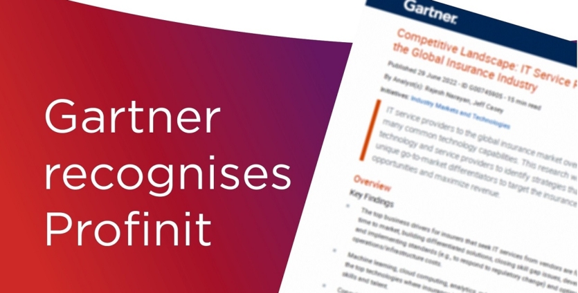 A Gartner Report is displayed beside text stating Gartner recognises Profinit for Accelerated Technology Modernization.