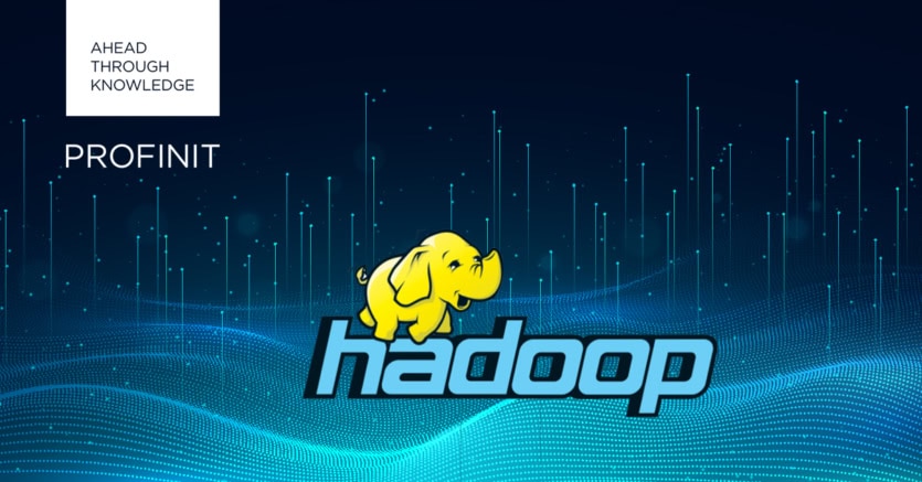 Hadoop logo with a yellow elephant is displayed over a digital background, highlighting What's New in Hadoop, with Profinit logo.