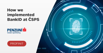 A digital graphic showing the ČSPS BankID implementation, featuring the Penzijní Česká spořitelna and Profinit logos.