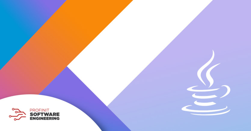 Colorful diagonal stripes with Java and Profinit Software Engineering logos—a theme related to Kotlin and project modernisation.