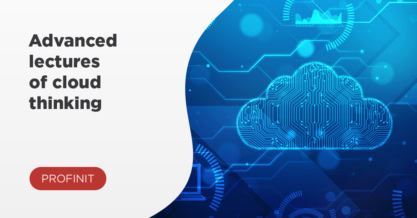 Blue digital illustration of a cloud next to text Advanced lectures of cloud computing and PROFINIT logo.