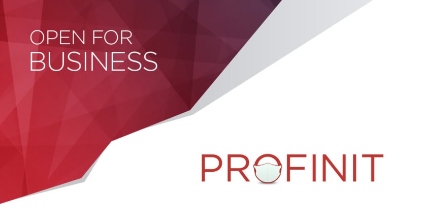 A geometric red and white background with the text OPEN FOR BUSINESS and the Profinit logo featuring a stylized face mask within the letter O, symbolizing resilience during COVID-19.