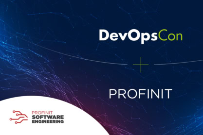 DevOpsCon London and Profinit logos on a blue abstract background, highlighting Profinit presence at DevOps conference.