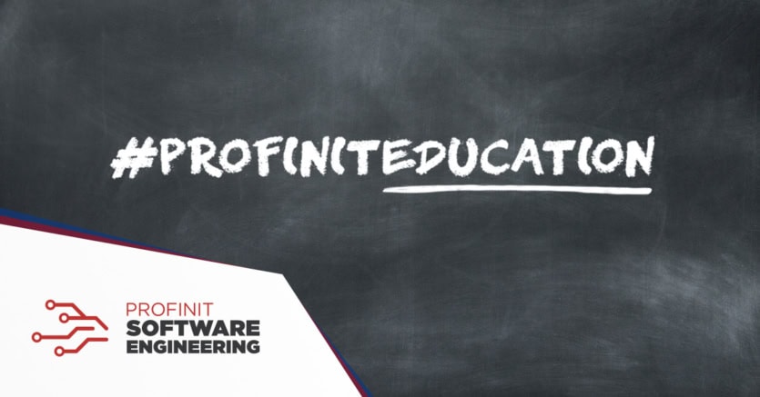 Chalkboard with the hashtag #PROFINITEDUCATION highlighting Profinit Education and the pursuit of knowledge; Profinit logo displayed in corner.