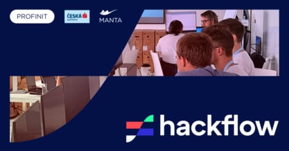 People work at computers in an office on Hackflow hackaton event; logos for Profinit, Česká spořitelna, and Manta are visible.