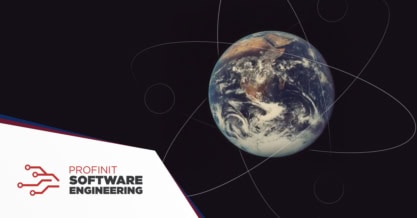 A view of Earth from space with orbital lines symbolising the information paradox of stories with Profinit logo in the corner.
