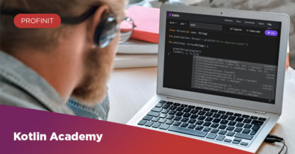 A person with headphones looks at a laptop screen displaying Kotlin code, exploring Kotlin for beginners, with Kotlin Academy and PROFINIT labels visible on the image.
