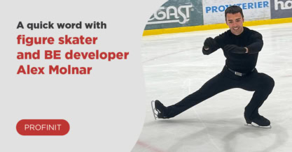 A male figure skater in black attire performs a split position on the ice, smiling, Text introduces him as Alex Molnar, accomplished figure skater and BE developer.