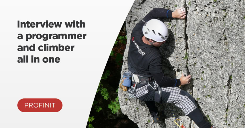Miro Piroh wearing climbing gear and a helmet scales a rock face. Text reads: Interview with a Profinit programmer and climber all in one.