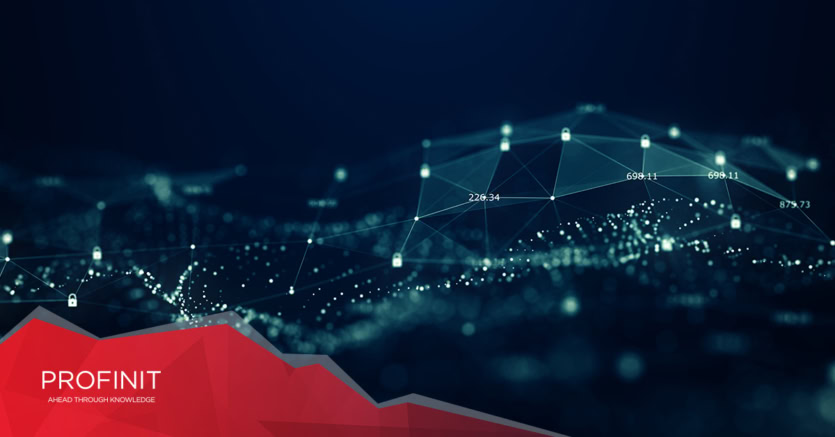 Abstract digital network with data points, connected lines and icons symbolizing the importance of accounting; and PROFINIT logo.