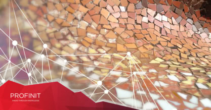 Mosaic of irregular tiles with white geometric network pattern highlighting DataWorks Summit 2019 in Barcelona, with Profinit logo.