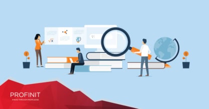 Illustration of three people studying symbolizing Applied Data Science Research. PROFINIT logo.