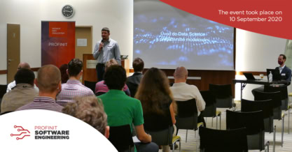Petr Paščenko, Profinit's Head of Data Sicence giving lecture on Social scoring and credit forecasting with Profinit logo in the corner.