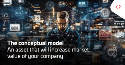 A man works at a desk surrounded by digital data graphics, illustrating the conceptual model of a company as an asset.