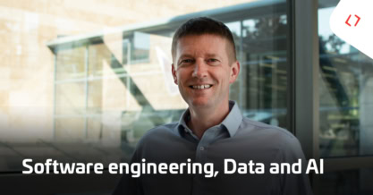 Bohumír Zoubek smiling in front of large windows, with text overlay: Software engineering, Data and AI.
