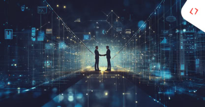 Two businesspeople shaking hands in a digital, futuristic environment symbolizing metadata-driven automation and a technology-driven partnership.