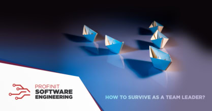 Six paper boats are arranged in a formation with one leading, under the text “How to survive as a team leader?” with Profinit logo in the corner.