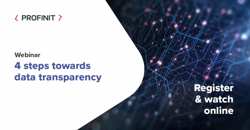 Promotional banner for a Profinit webinar titled 4 steps towards Data Transparency with instructions to register and watch online. The background features a network of glowing data points, highlighting the journey toward clearer data insights.