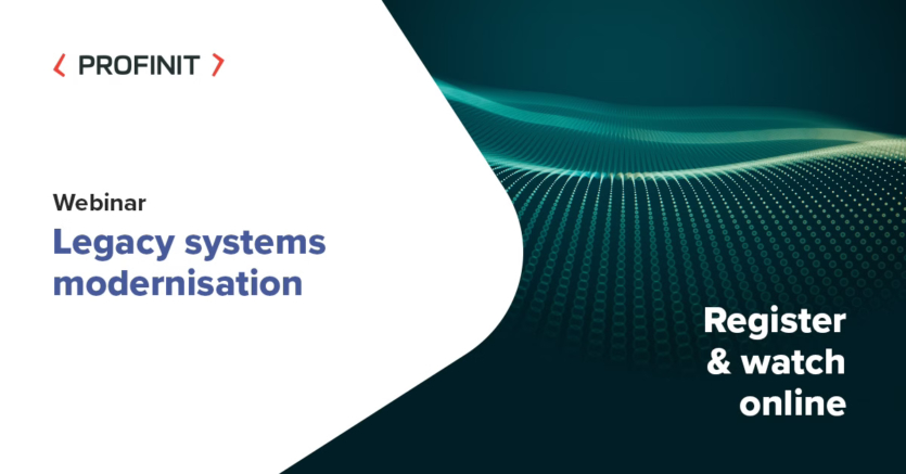 Webinar promotion image for Legacy Systems Modernisation by Profinit, featuring abstract wave graphics and a prompt to register and watch online.