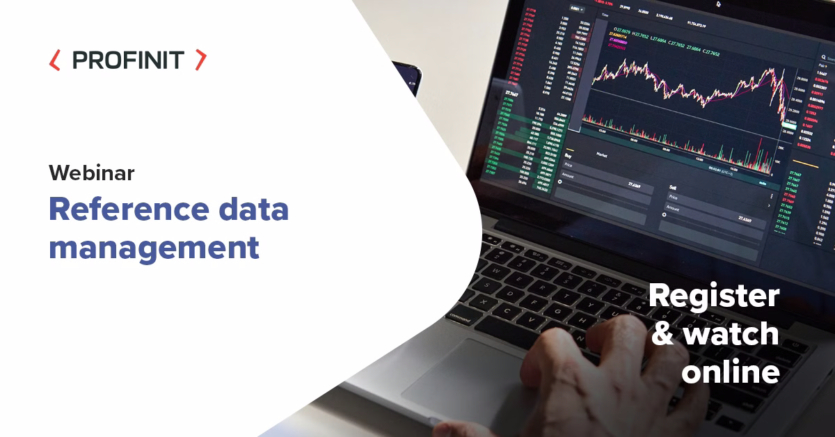 Webinar titled Reference Data Management by Profinit, featuring a laptop with financial charts; includes text Register & watch online.