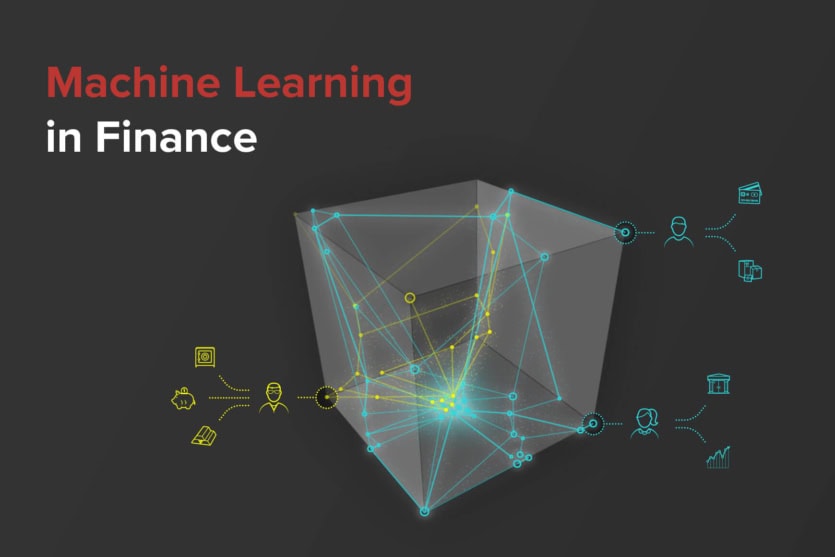 Graphic showing the phrase Machine Learning in Finance alongside a 3D cube illustrating applications like customer segmentation in banking