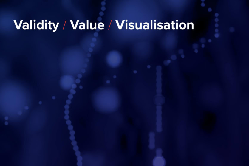 Text on dark background: validity, value, visualisation representing the alternative Vs of Big data