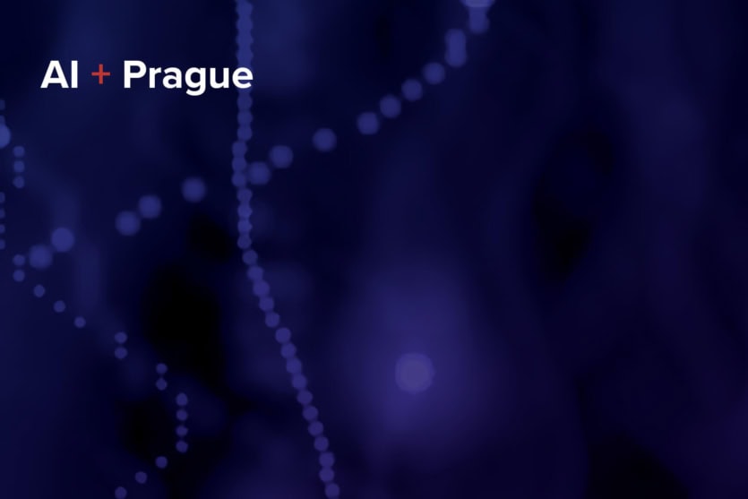 White text AI + Prague appears on a dark blue background evoking the city Prague as the next AI hub.