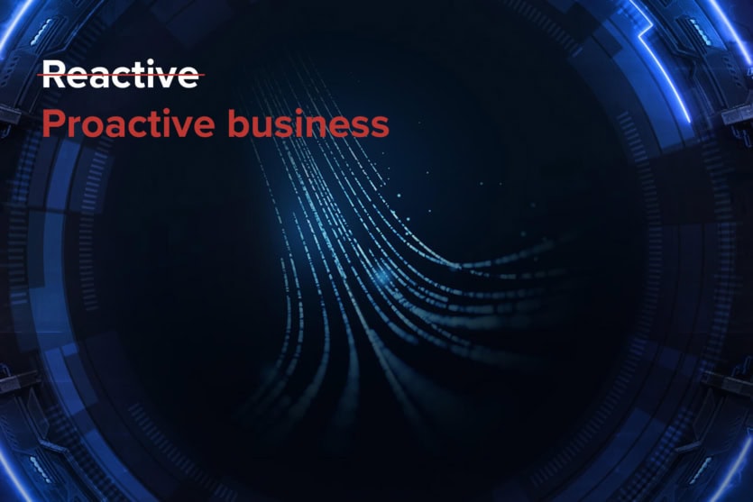 Text reads Reactive crossed out and Proactive business in red, emphasizing data-driven incident handling.