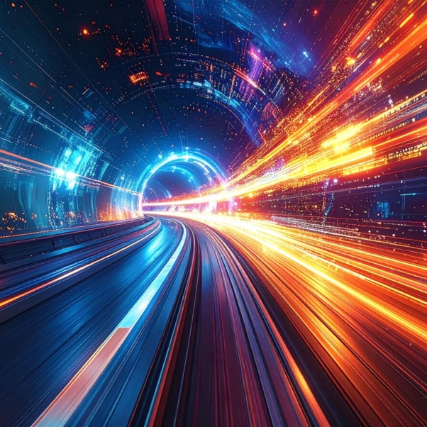 A futuristic tunnel with glowing blue and orange light trails representing Profinit Accelerators.