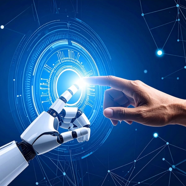 A human hand and a robotic hand touch fingertips in front of a digital interface representing AI Assitant.