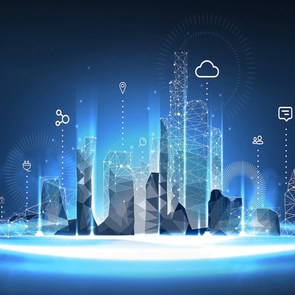 Digital illustration of a futuristic city skyline with geometric buildings, network lines, and technology icons representing Business Intelligence.