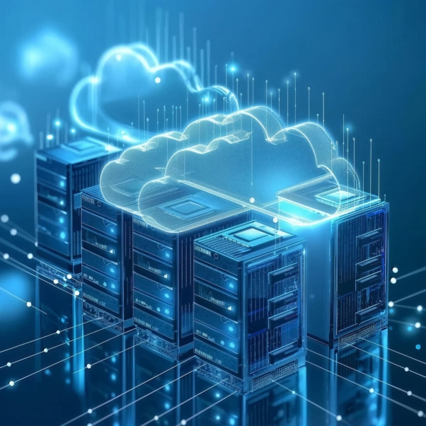 Illustration of multiple server racks connected to digital cloud icons, representing cloud solutions and computing.