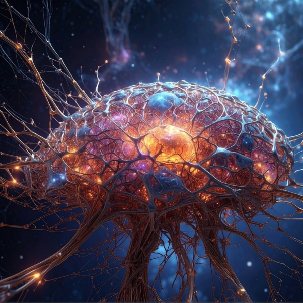 A glowing, abstract neural network resembling a brain representing Custom AI Solutions.
