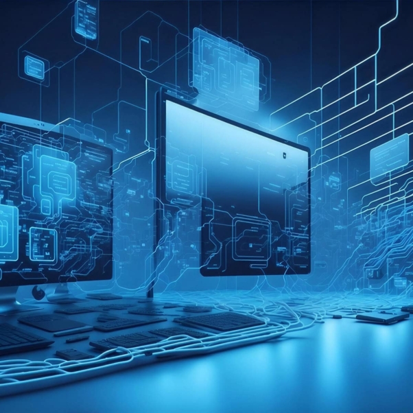 Three computer monitors surrounded by glowing digital circuit graphics, representing SW development.